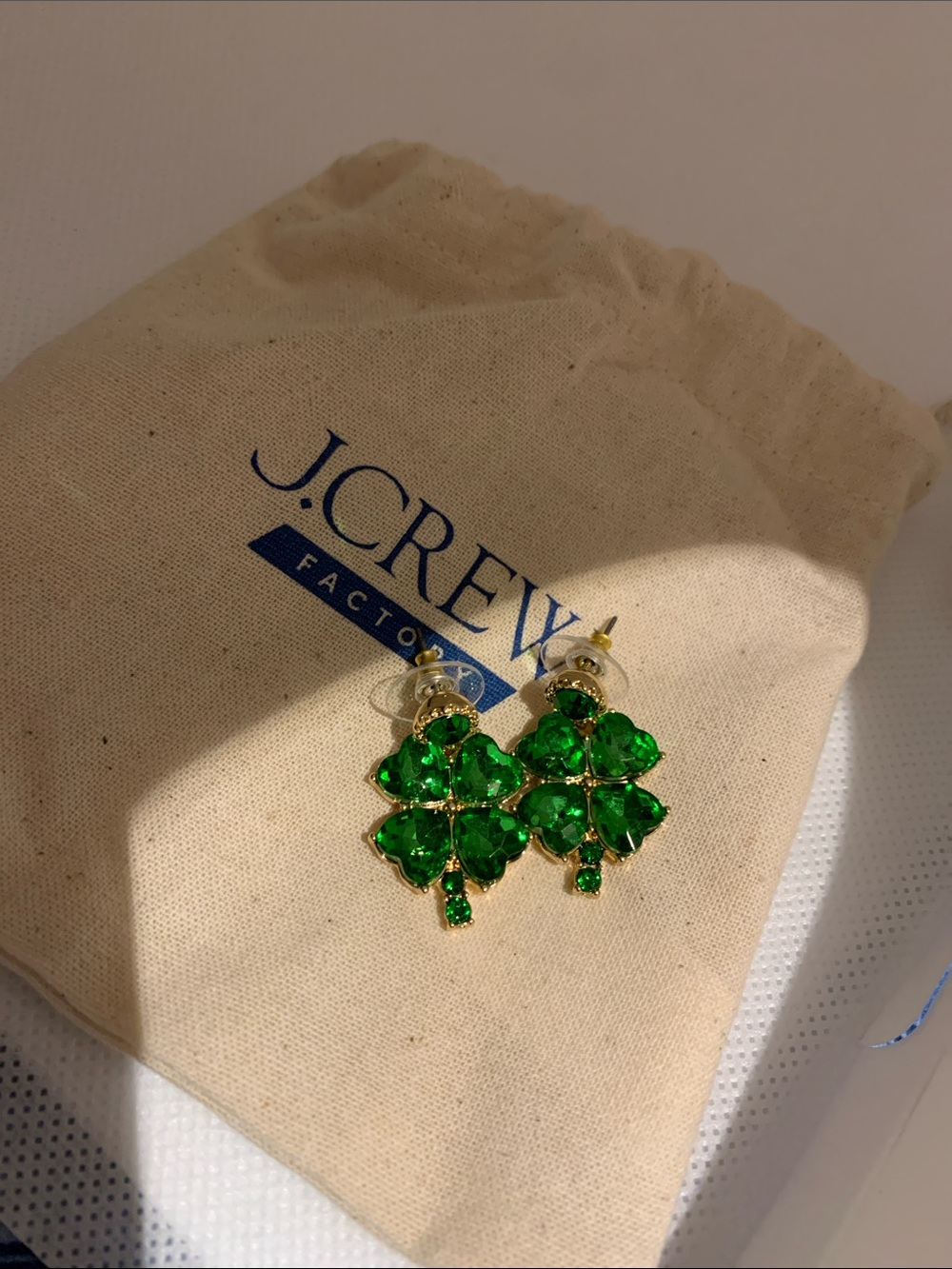 J. Crew Gold-Tone Emerald Green Clover Crystal Drop Earrings